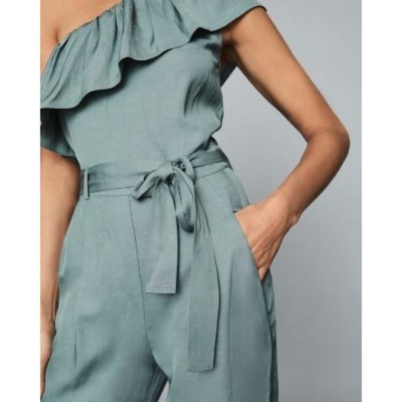 REISS Madeline Ruffled One Shoulder Frill Jumpsuit in Green - NWT - Size 0 - Picture 3 of 5